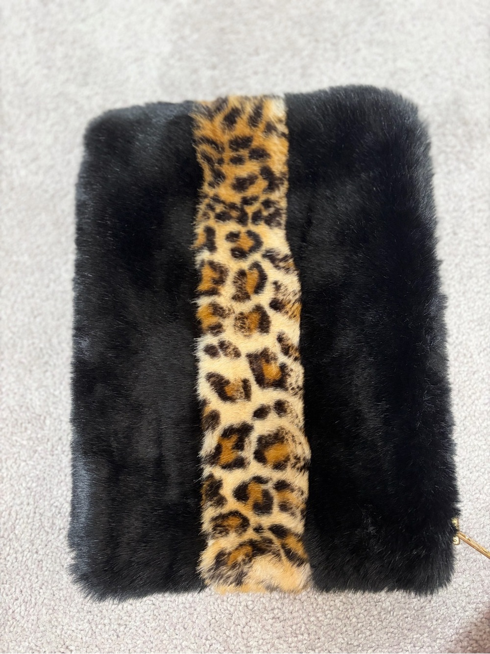 American Retro Black Faux Fur Zip Pouch with Gold-Tone Hardware